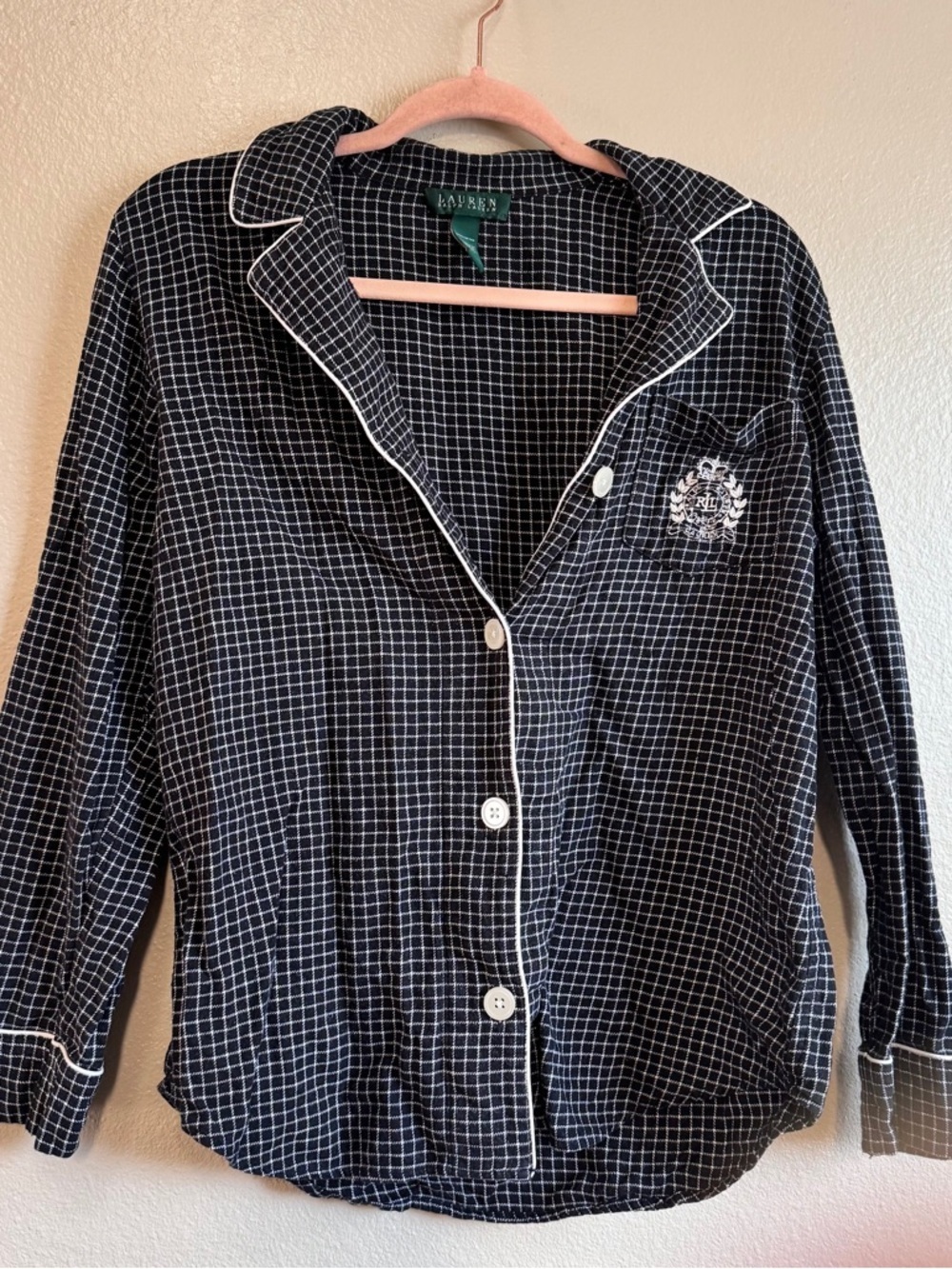 Ralph Lauren Black and White Grid-Print Button Pajama Top